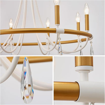 WUZUPS Wagon Wheel Chandelier Rustic Farmhouse Industrial Round Pendant Light Fixture with Clear Crystal for Dining Room Kitchen Island, H 28.3" x W 30.3", E12 Base, Gold White