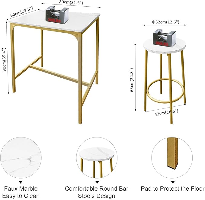 AT-VALY 3-Piece Bar Table Set with 2 Stools,Dining Room Table Set,Small Spaces (Gold)