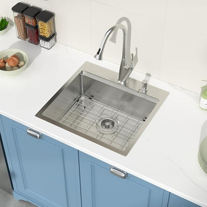 Drop in Bar Sink Workstation 21x20 Inch 16 Gauge Stainless Steel Handmade Topmount Kitchen Sink Single Bowl - 8 Inches Deep RV Sink