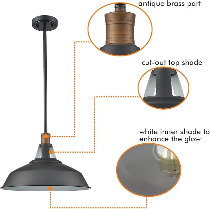 CLAXY Rod Pendant Light Black Barn Farmhouse Pendant Lighting Dimmable Kitchen Hanging Pendant Light Fixture-15.3"