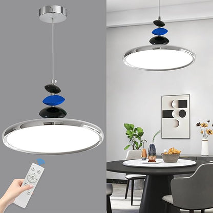 Mikeru Modern Pendant Lights, 15.8" Chrome Pendant Lighting Fixture with Remote Control Dimmable 3 Color Mode & Brightness Mid Century Island Light Fixture for Dining Room,Kitchen,Living Room