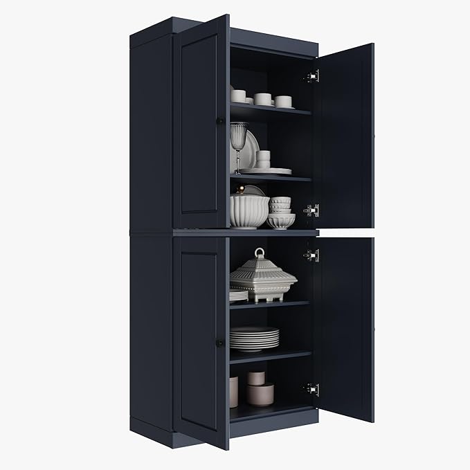 Palace Imports Solid Wood Kitchen Pantry Cabinet - 71.5" Tall x 32" Wide - Wooden Storage Cabinet with 4 Doors & Adjustable Shelves, Antique Blue, 100% Renewable Eco-Friendly Wood, Made in Brazil