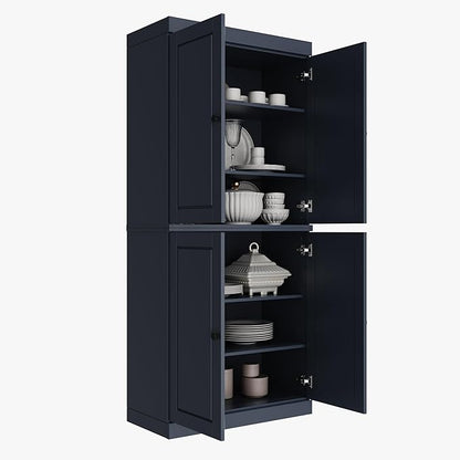 Palace Imports Solid Wood Kitchen Pantry Cabinet - 71.5" Tall x 32" Wide - Wooden Storage Cabinet with 4 Doors & Adjustable Shelves, Antique Blue, 100% Renewable Eco-Friendly Wood, Made in Brazil