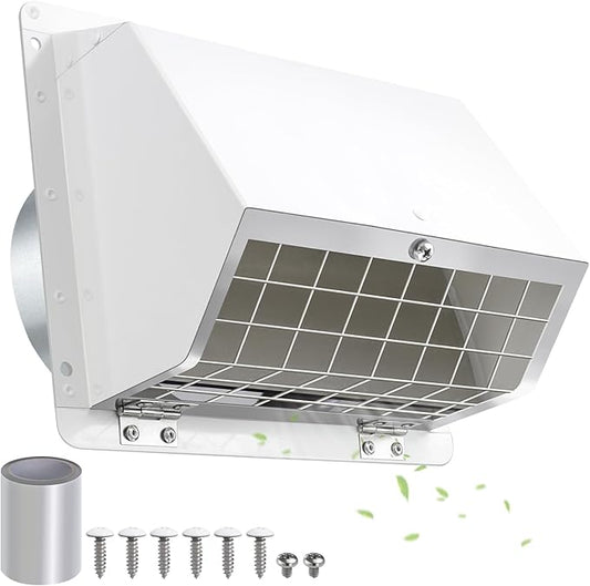Dryer Vent Cover Outside 5 Inch,Dryer Vent Cover for Exterior Wall,External Extractor Wall Vent Exhaust Vent Cover with Screen and Damper,Dryer Vent Cap for Duct House Kitchen Range Hood AC,White