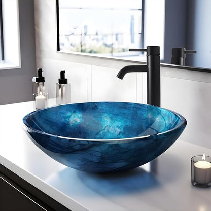 Vessel Sink 16.5" Bathroom Sinks Tempered Glass Blue Art Basin Round Bowl with Faucet Combo Blue,Modern Countertop Bowl Sink for Lavatory Vanity Cabinet