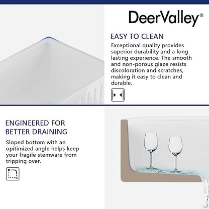 DeerValley Ceramic Farmhouse Workstation Sinks 33 inch, White Farmhouse Kitchen Sink, Reversible Apron Front Kitchen Sink Single Bowl with Grid, Sink Strainer & Workstation Accessories