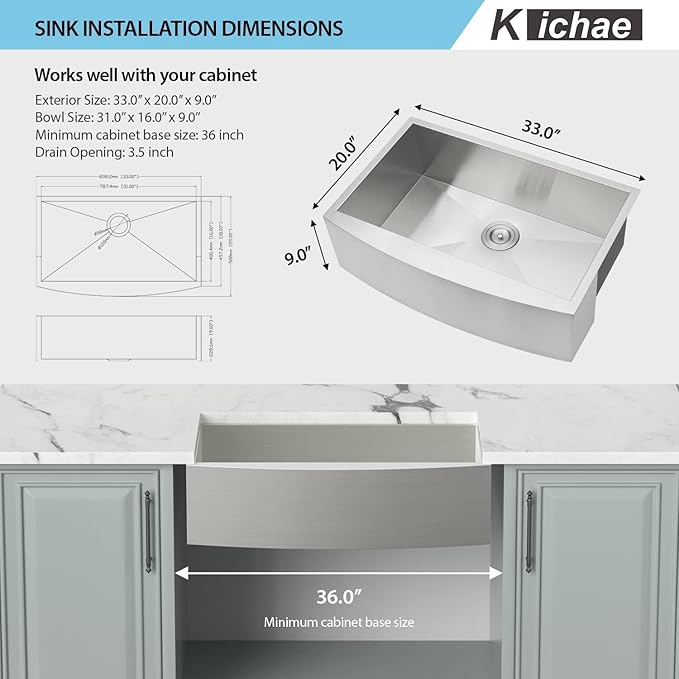 Kichae 33 Inch Farmer Sink - 33 x 20 Farmhouse Sink Stainless Steel 16 Gauge Single Bowl Apron Front Farm Style Basin