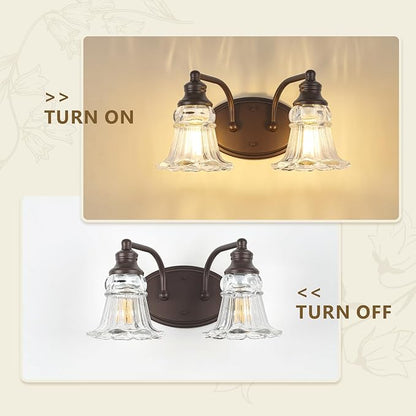 2-Light Bathroom Light Fixtures Over Mirror, Vintage Vanity Lights with Clear Floral Glass Shades, Oil Rubbed Bronze