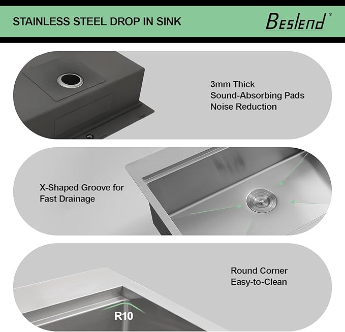 25 Drop In Kitchen Sink - Beslend 25x22 Inch Stainless Steel Sinks Ledge Workstation 16 Gauge Top Mount Handmade Single Bowl Kitchen Sink with Accessories