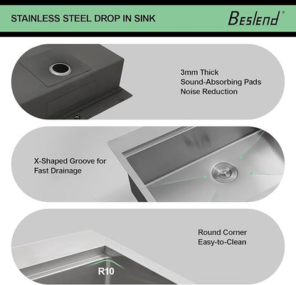 25 Drop In Kitchen Sink - Beslend 25x22 Inch Stainless Steel Sinks Ledge Workstation 16 Gauge Top Mount Handmade Single Bowl Kitchen Sink with Accessories