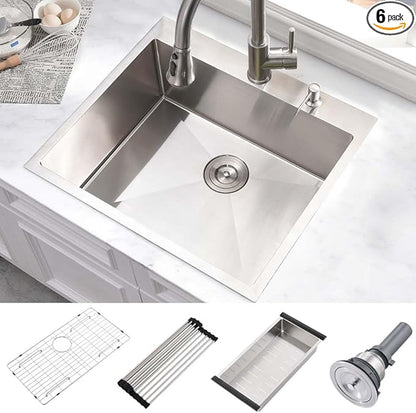 25 Inch Drop in Kitchen Sink-Wesliv 25x20 Stainless Steel Kitchen Sink Drop In Topmount 16 Gauge 10 Inch Deep Single Bowl Sinks with Dish Grid & Strainer