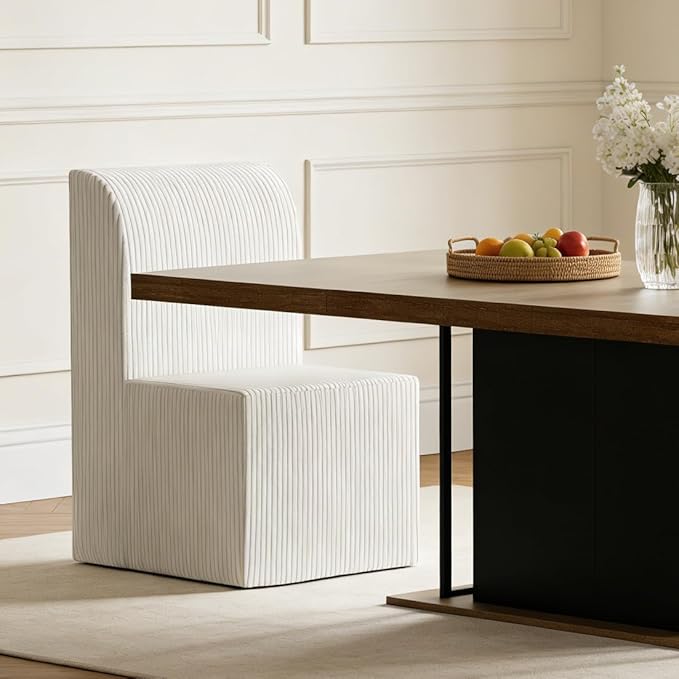 Modern Corduroy Upholstered Armless Dining Chair, Comfortable Dining Room Chair Side Leisure Chairs with Mid Back for Dining Room Kitchen Bedroom Reading Room, No Assemble, Beige