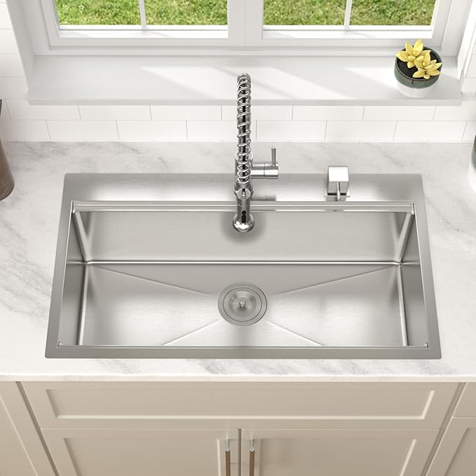Dcolora 33x19 Kitchen Sink Drop In with Workstation Handed-Welding 16 Gauge 304 Stainless Steel Large Single Bowl Drop In Sink Top mount Brushed Nickel, #DC-T7764