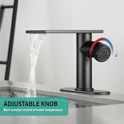 becola Modern Bathroom Sink Faucet，Black Bathroom Faucet，Waterfall Faucet for Bathroom Sink，Single Hole Cold and Hot Vanity Faucet，Single Handle Vessel Sink Faucet with Adjust Knobs and Deck Plate
