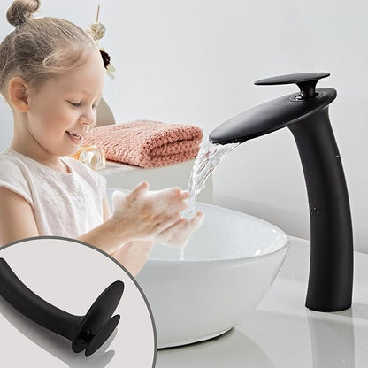 Wovier Matte Black Waterfall Bathroom Faucet,Single Handle Single Hole Brass Lavatory Vanity Vessel Faucet,Slanted Body Basin Mixer Tap Tall Body with Supply Hose and Pop Up Drain Assembly
