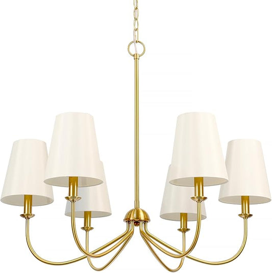 Gold Chandelier, Brushed Brass with Beige Fabric Shade, 6-Light 28" Modern Farmhouse Linear Pendant Lighting Fixture for Kitchen Island