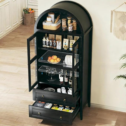 HUAHUU 71" Tall Arched Kitchen Pantry, Arched Cabinet, Kitchen Storage Cabinets with 2 Large Drawers & Adjustable Shelves & Glass Door for Living Room, Dining Room, Black