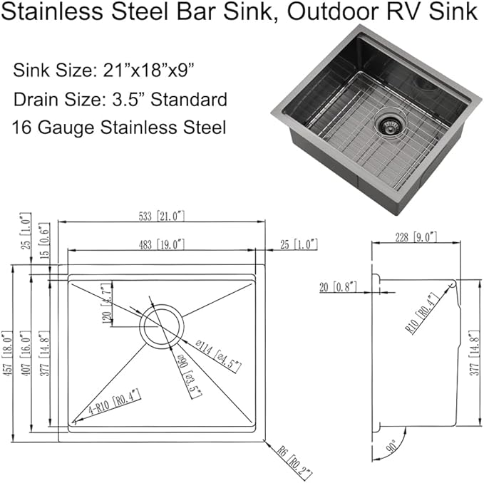 Black Small Kitchen Sink, 21 x 18 Inch Black Stainless Steel Sink Undermount Workstation Wet Bar Prep Kitchen Single Bowl Basin