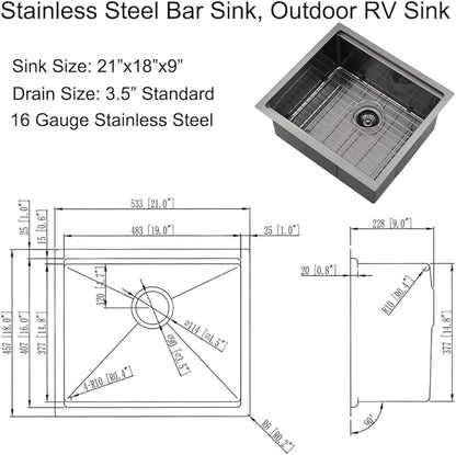 Black Small Kitchen Sink, 21 x 18 Inch Black Stainless Steel Sink Undermount Workstation Wet Bar Prep Kitchen Single Bowl Basin