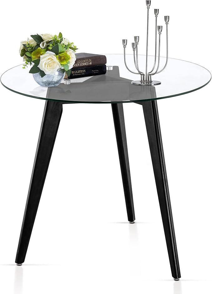 ivinta Round Glass Dining Table for 2-4 People, 31.5" Modern Circle Kitchen Table with Wood Legs for Dining Room Living Room or Restaurant, Space Saving, RD80 (Black)