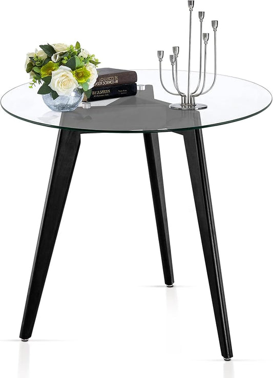 ivinta Round Glass Dining Table for 2-4 People, 31.5" Modern Circle Kitchen Table with Wood Legs for Dining Room Living Room or Restaurant, Space Saving, RD80 (Black)
