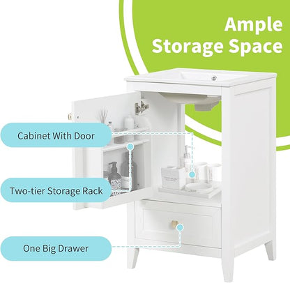 20" Bathroom Vanity with Ceramic Sink Top Set, Multi-Functional Storage Cabinet with Rack Organizer and Drawer, Soft-Closing Door, Solid Wood Frame, White