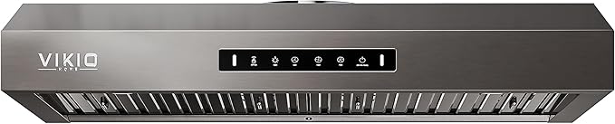VIKIO HOME 30 inch Range Hood Stainless Steel(PVD), Black Stove Hood with 1200 CFM with 1.5 Sones Quiet,3 Speed Exhaust Fan Hood Vents for Kitchen,Under Cabinet Range Hood with GU10 LED Lights