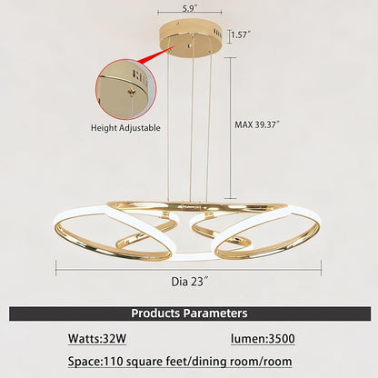 23 inch Modern Chandelier for Dining Room, Kitchen Chandelier & Entryway, Dimmable LED Pendant Light with Adjustable Height, 32W for Hallway, Living Room, Bedroom (Gold M)