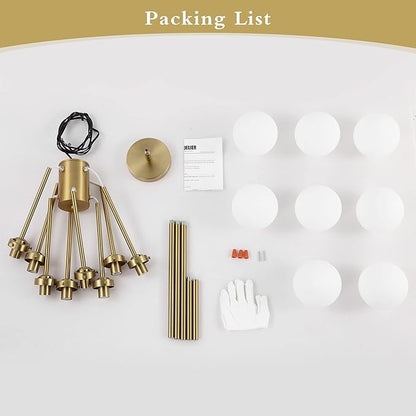 WINGBO 8-Light Sputnik Chandelier, Modern Pendant Light Fixture with 4.7" Opal White Glass Globe Shade for Flat and Slop Ceiling, Height Adjustable for Kitchen Living Room Dining Room Bedroom, Gold