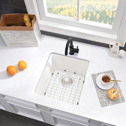 White Bar Sink Undermount-VASOYO 15x17 Small Kitchen Sink Undermount Wet Bar Sinks White Quartz Composite Deep Single Bowl Outdoor Rv Sinks with Bottom Grid