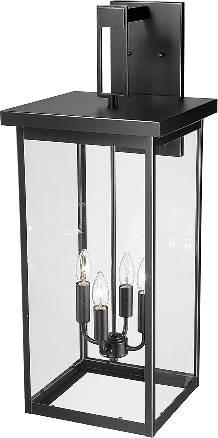 ML Lighting | Barkeley Collection | 42606-PBK | 30" Modern Four Bulb Outdoor Steel X-Large Wall Sconce | Anti-Rust Powder Coat Black with Clear Glass Shade | Exterior Ambient Light for Safety
