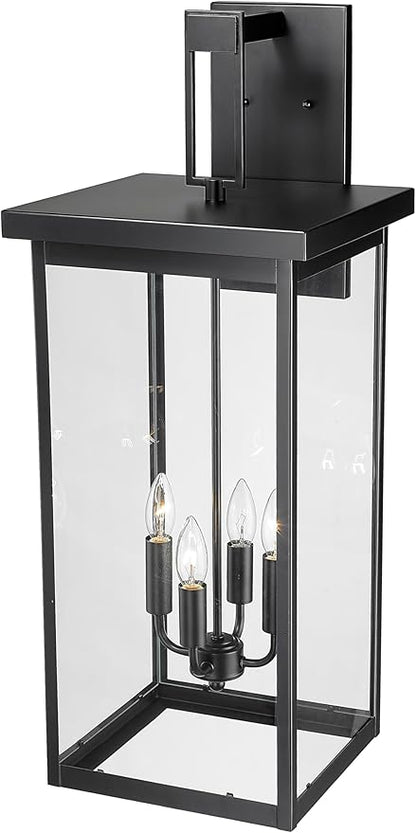 ML Lighting | Barkeley Collection | 42606-PBK | 30" Modern Four Bulb Outdoor Steel X-Large Wall Sconce | Anti-Rust Powder Coat Black with Clear Glass Shade | Exterior Ambient Light for Safety