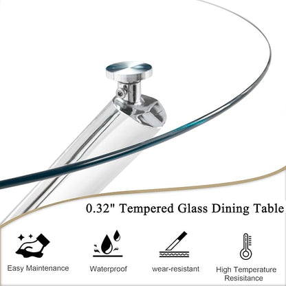 36" Round Dining Table for 4, Modern Clear Glass Kitchen Table for 4 with Silver Cross Metal Legs, Contemporary Small Circle Dining Room Leisure Tables for Kitchen Apartment
