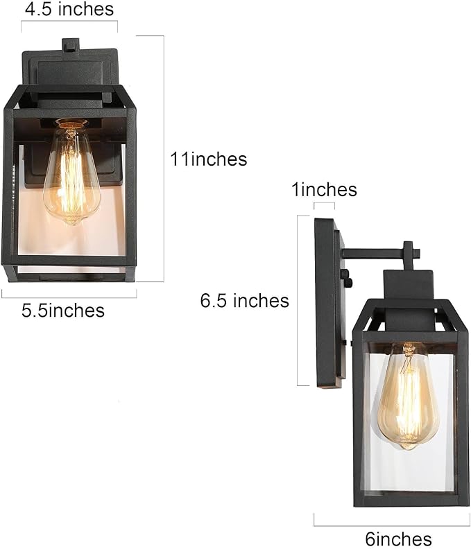 Black Outdoor Wall Lights, Farmhouse Exterior Wall Sconces Light Fixture with Clear Glass, Modern Square Waterproof Lanterns for Front Door, Entry, Porch, Patio, and Gazebo