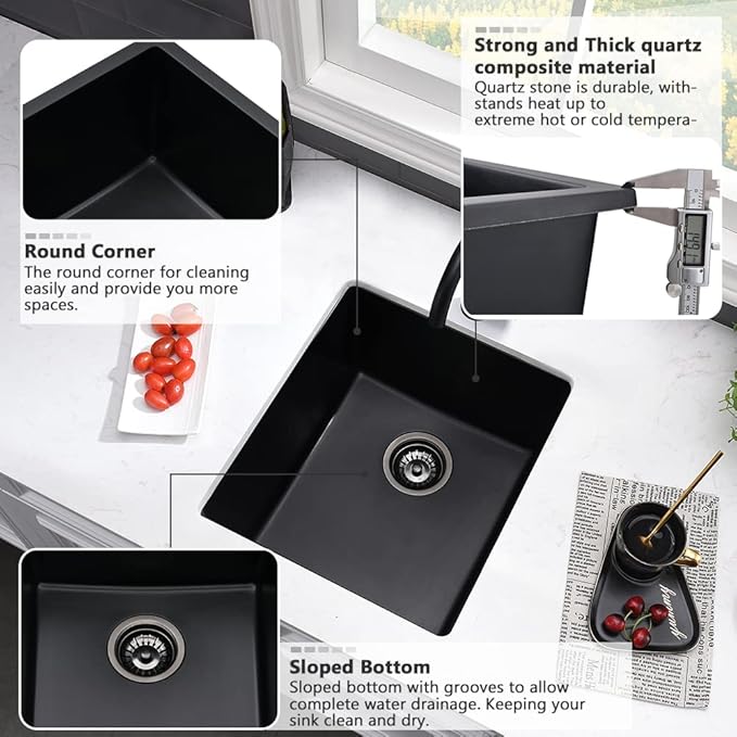 15 Inch Black Bar Sink Undermount-VASOYO 15x17 Small Kitchen Sink Black Quartz Undermount Outdoor Rv Sinks Deep Single Bowl Wet Bar Sinks Small Bowl with Bottom Grid