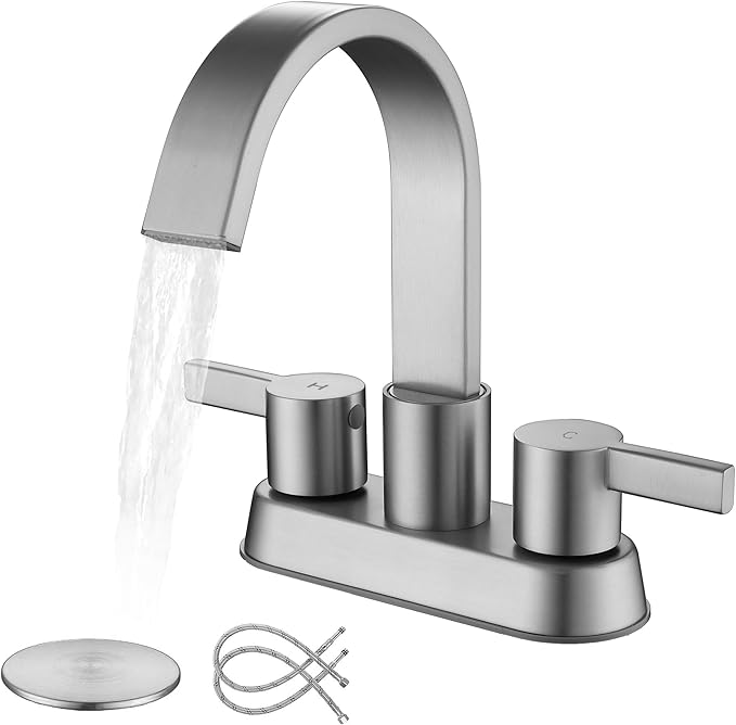 2 Handle Bathroom Faucets 3 Hole Brushed Nickel, Centerset Bathroom Sink Faucet with Pop up Drain and 2 Supply Lines, Modern Vanity RV Faucet, SE-0048-BN