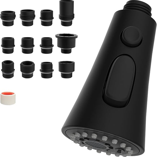 Hibbent Pull Down Kitchen Faucet Head Replacement with 12 Adapters, NSF/ANSI/CAN 61 & CUPC Certified 3-Function Sink Spray Nozzle, Compatible with Moen, Delta, Kohler Faucets, Matte Black