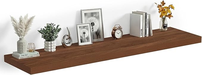 Heimlove 12 Inch Deep Floating Shelves, 55 x 12 inches Long Wall Shelf, Large Extra Display Shelf & Storage Shelf, Rustic Wood Wall Shelves for Fireplace Mantel, Set of 1(Walnut)