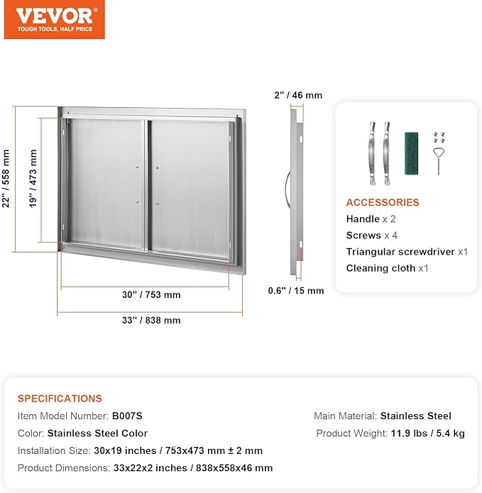 VEVOR BBQ Access Door, 33W x 22H Inch Double Outdoor Kitchen Door, Stainless Steel Flush Mount, Wall Vertical with Handles, for BBQ Island, Grilling Station, Outside Cabinet