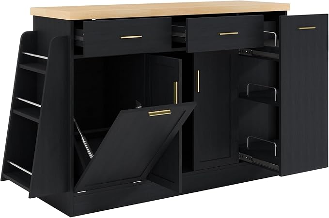 Multi-Functional Storage Sideboard – Stylish Kitchen Island Table with Trash Can Storage, Sliding Door Cabinet & 3-Tier Spice Rack for Kitchen & Dining Room(Black)