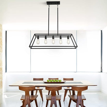 Black Kitchen Island Lighting, 5-Light Farmhouse Chandeliers, Modern Industrial Linear Rectangle Pendant Light Fixtures for Dining Room Kitchen Bar Foyer(Metal, E26 Base)