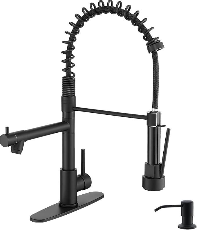 AIMADI Black Kitchen Faucet with Pull Down Sprayer,Stainless Steel Spring Kitchen Sink Faucet with Soap Dispenser,Modern Single Handle Faucets for Farmhouse,Camper,Laundry,RV,1or 3 Hole