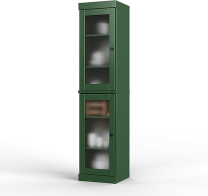 Palace Imports Solid Wood Kitchen Pantry Cabinet w/Frosted Glass Doors - Narrow Storage Cabinet - 16.5" Wide x 71.5" Tall - Green, Adjustable Shelves, 100% Eco-Friendly Wood, Modular Cabinets