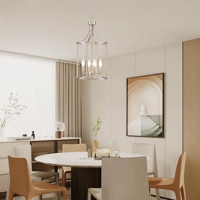 XINGQI Brushed Nickel Chandeliers for Dining Room,4 Light Hanging Lantern Pendant Light Fixture Metal Farmhouse Geometric Chandelier Cage Pendant for Kitchen Island Entryway Living Room