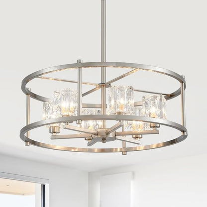 21.7“ Brushed Nickel Chandeliers for Dining Room Over Table Round 6-Light Farmhouse Pendant Lighting Fixtures Drum Ceiling Lights for Living Room Bedroom Home Office