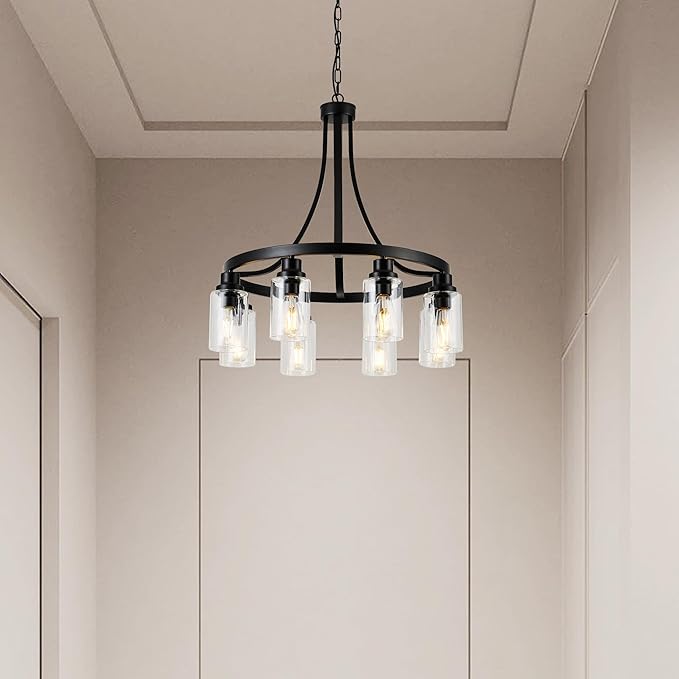 8 Light Chandeliers for Dining Room Linear Kitchen Island Lighting with Rectangular Clear Glass Shades, Modern Pendant Light Fixture Black for Kitchen Dining Room Living Room