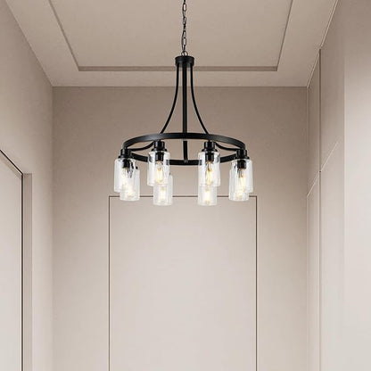 8 Light Chandeliers for Dining Room Linear Kitchen Island Lighting with Rectangular Clear Glass Shades, Modern Pendant Light Fixture Black for Kitchen Dining Room Living Room