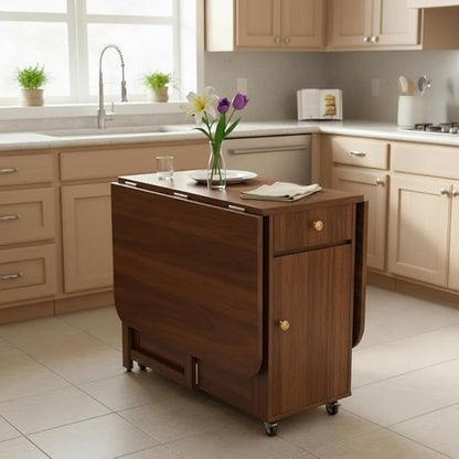 Small Folding Dining Table - 59" Fully Assembled Drop Leaf Table 4-6 Seater with Storage and Lockable Wheels, Space-Saving for Kitchen or Dining Room (Walnut)
