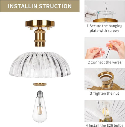 JYZ Semi Flush Mount Ceiling Light, Gold Ceiling Light Fixture with Brass & Ribbed Glass Shade, Vintage Light fixtures for Hallway, Entryway, Bathroom, Kitchen, Bedroom