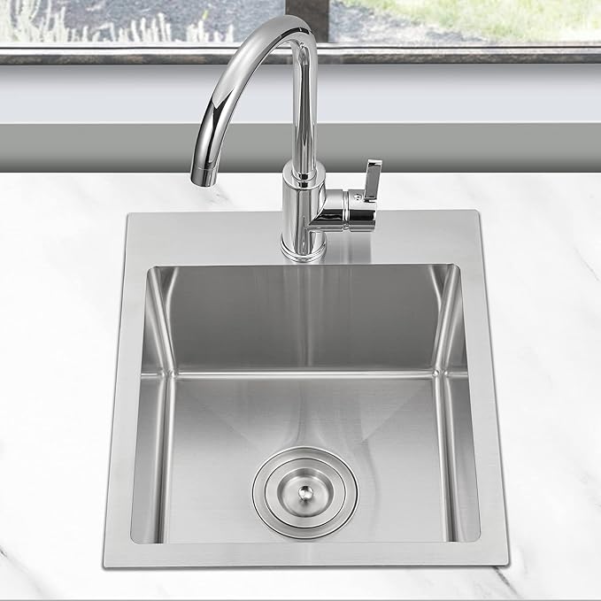 13 × 15 x 8 inch Drop in Bar Sink, Topmount Small Kitchen Sink Single Bowl, Handmade T-304 Stainless Steel Overmount Kitchen Bar Sink with Basket Strainer